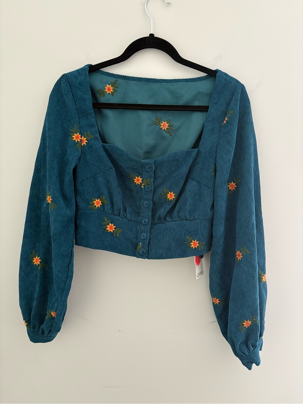 NWT CIDER Blue Corduroy Floral Embroidered Crop Top Size S